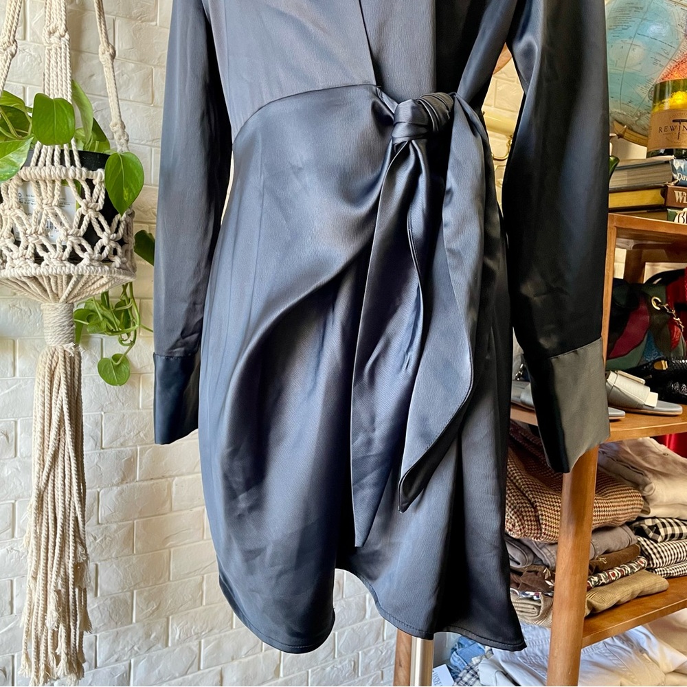 SOLD House of Harlow 1960 x Revolve Navy Satin Long Sleeve Mini Wrap Dress - Picture 8 of 14